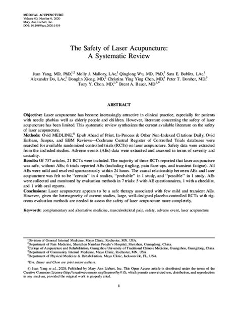 The Safety of Laser Acupuncture: A Systematic Review .